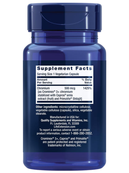 Life Extension Optimiertes Chrom mit Crominex 3+ 500 mcg – Stoffwechselgesundheit, gesunder Blutzuckerspiegel, vegetarisch, glutenfrei, nicht gentechnisch verändert, 60 Kapseln