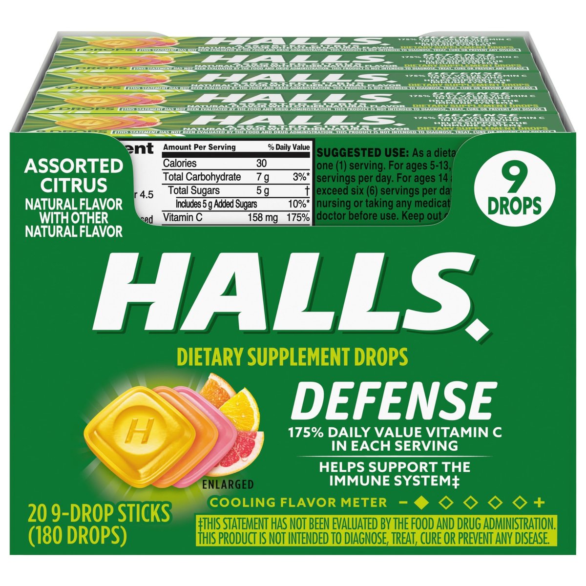 HALLS Defense Vitamin C Drops mit Zitrusgeschmack – 20 Sticks mit je 9 Drops (180 Drops insgesamt)