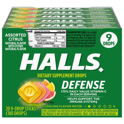 HALLS Defense Vitamin C Drops mit Zitrusgeschmack – 20 Sticks mit je 9 Drops (180 Drops insgesamt)