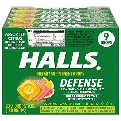 HALLS Defense Vitamin C Drops mit Zitrusgeschmack – 20 Sticks mit je 9 Drops (180 Drops insgesamt)