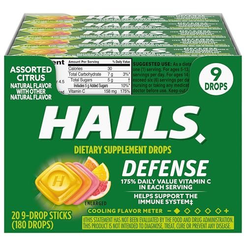 HALLS Defense Vitamin C Drops mit Zitrusgeschmack – 20 Sticks mit je 9 Drops (180 Drops insgesamt)
