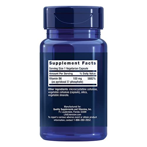 Life Extension Pyridoxal 5'-Phosphat Kapseln – Vitamin B6, 100 mg, bioaktives B6 für Herz-Kreislauf-, Nieren- und Nervengesundheit – glutenfrei, nicht-GVO, vegetarisch – 60 vegetarische Kapseln