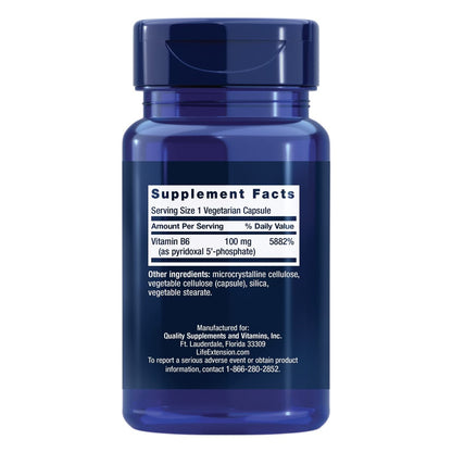 Life Extension Pyridoxal 5'-Phosphat Kapseln – Vitamin B6, 100 mg, bioaktives B6 für Herz-Kreislauf-, Nieren- und Nervengesundheit – glutenfrei, nicht-GVO, vegetarisch – 60 vegetarische Kapseln