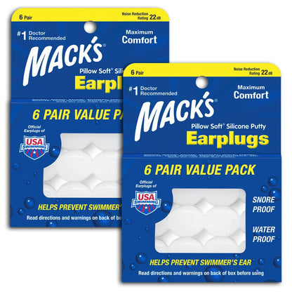 Mack's Pillow Weiche Silikon-Ohrstöpsel – 6 Paar (2er-Pack), Original formbare Silikonknetmasse Ohrstöpsel für Schlafen, Schnarchen, Schwimmen, Reisen, Konzerte und Lernen