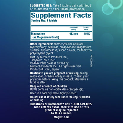 Mag-Ox Magnesium Supplement, Pharmazeutisches Magnesiumoxid 483 mg, höchstkonzentrierte Form von Magnesium, 120 Tabletten