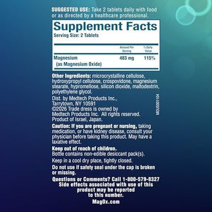 Mag-Ox Magnesium Supplement, Pharmazeutisches Magnesiumoxid 483 mg, höchstkonzentrierte Form von Magnesium, 120 Tabletten