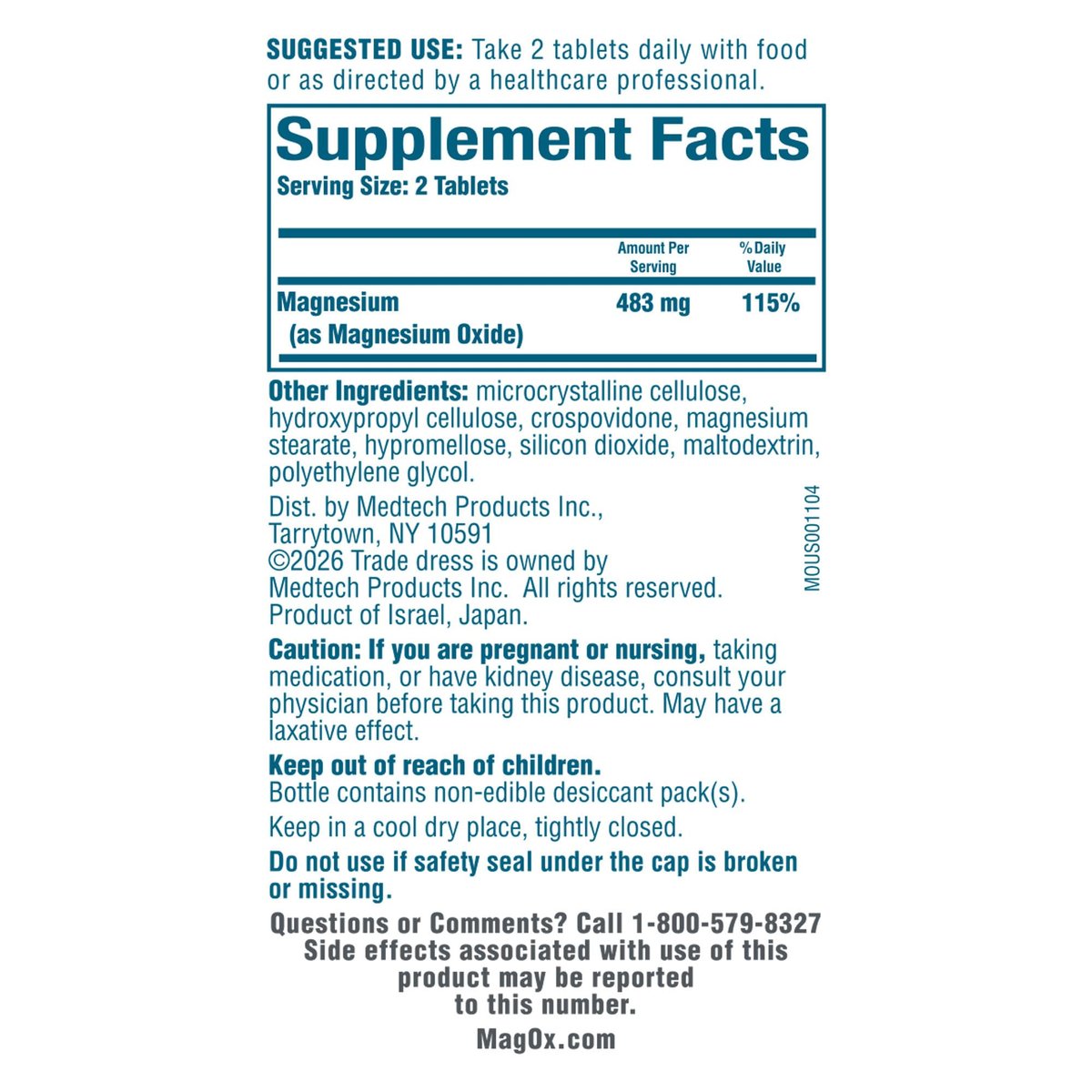 Mag-Ox Magnesium Supplement, Pharmazeutisches Magnesiumoxid 483 mg, höchstkonzentrierte Form von Magnesium, 120 Tabletten