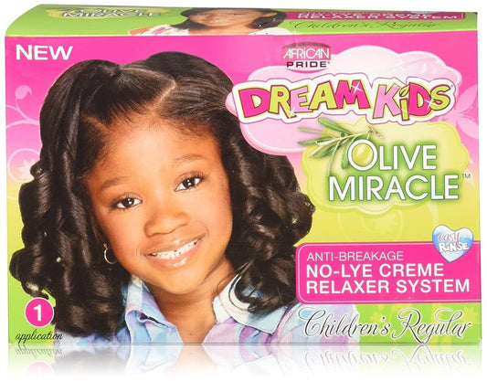 African Pride Dream Kids Olive Miracle Relaxer Regular – Mit Olivenöl für gestärktes und geschütztes Haar, 1 Kit