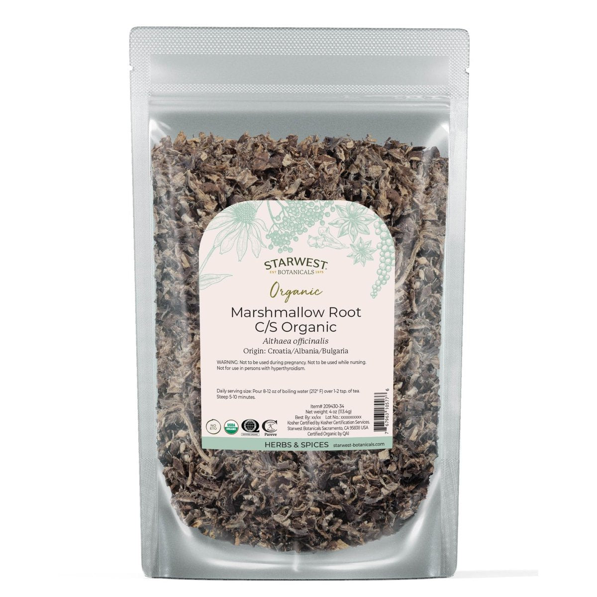 Starwest Botanicals Bio Eibischwurzel - Getrocknetes Kraut für Tee, lose Blattwurzel, geschnitten & gesiebt, zertifiziert koscher, nicht gentechnisch verändert - 113 g Beutel