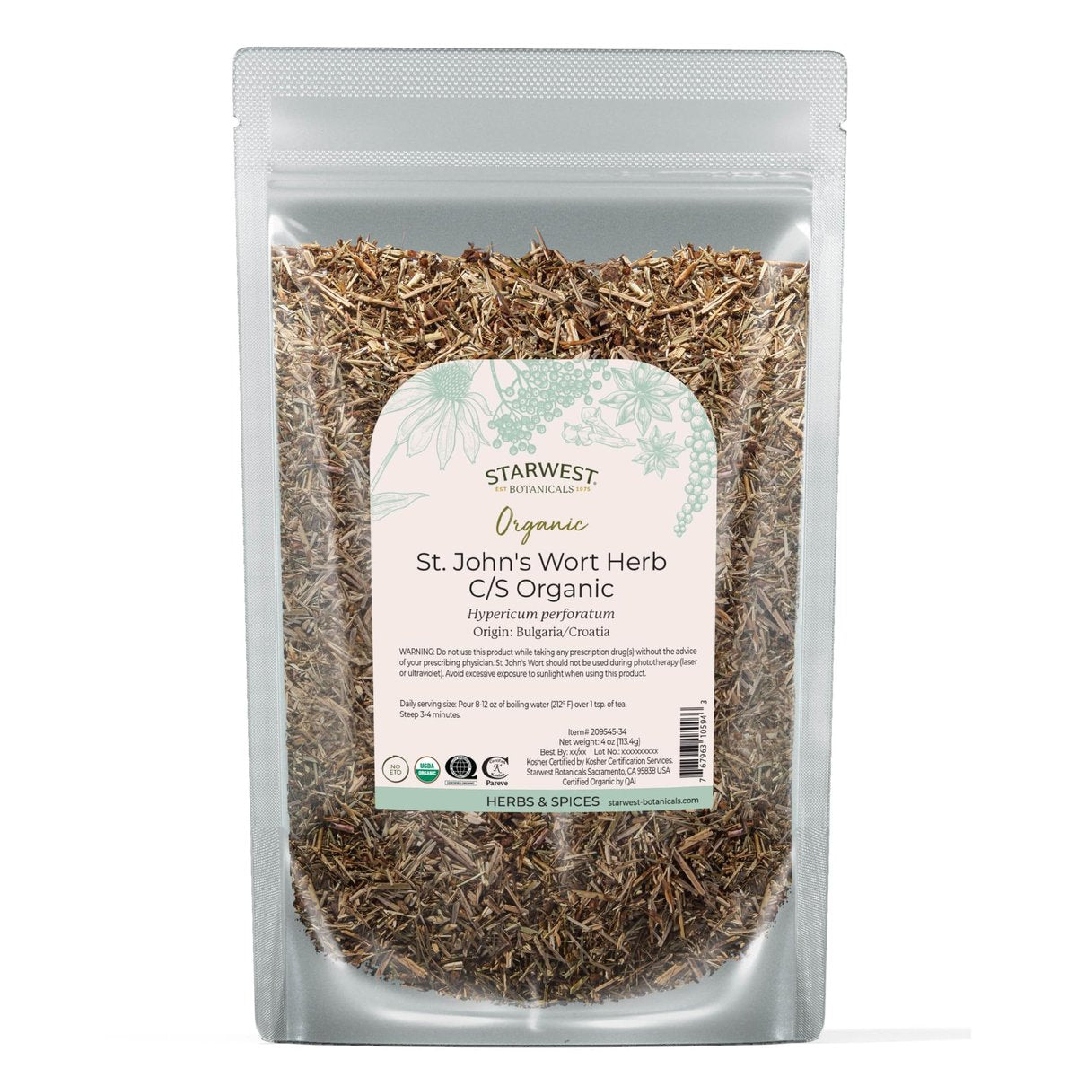 Starwest Botanicals Bio getrocknetes Johanniskraut - lose Blätter für Tee, aus Johanniskrautblüten, geschnitten & gesiebt, zertifiziert koscher, nicht gentechnisch verändert - 113 g Beutel