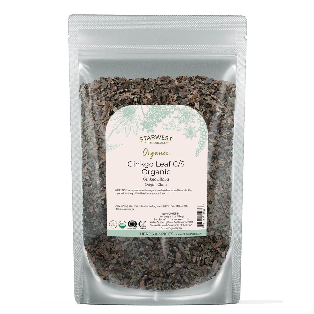 Starwest Botanicals Bio-Ginkgoblätter – Ginkgo Biloba, getrocknetes loses Kraut für Tee & Kräutermischungen, geschnitten & gesiebt, zertifiziert koscher, nicht gentechnisch verändert – 4 oz Beutel