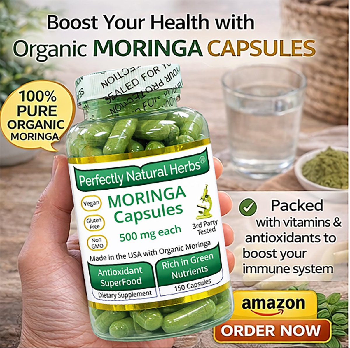 150 Moringa-Kapseln – USDA-zertifiziertes Bio-Moringa-Blattpulver, 500 mg pro Kapsel