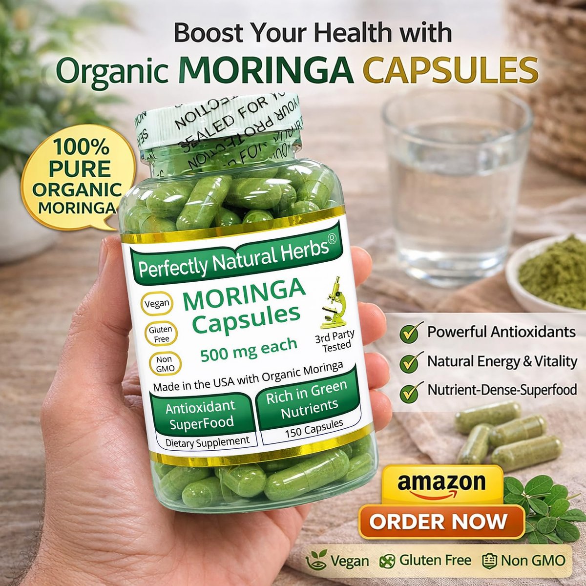 150 Moringa-Kapseln – USDA-zertifiziertes Bio-Moringa-Blattpulver, 500 mg pro Kapsel