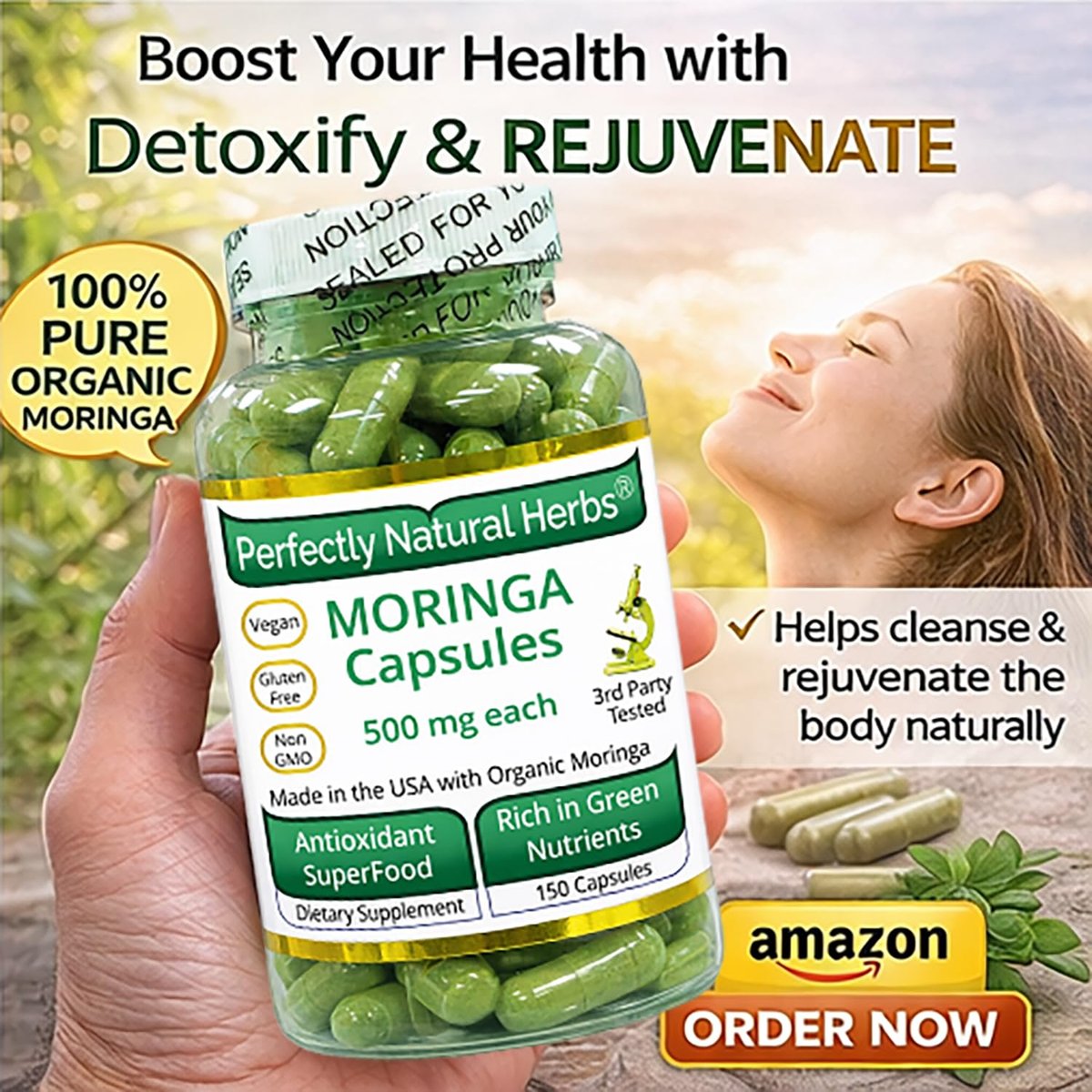150 Moringa-Kapseln – USDA-zertifiziertes Bio-Moringa-Blattpulver, 500 mg pro Kapsel