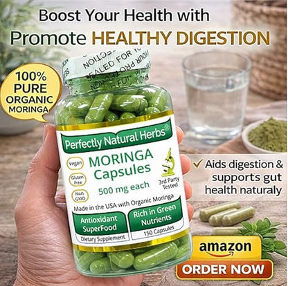 150 Moringa-Kapseln – USDA-zertifiziertes Bio-Moringa-Blattpulver, 500 mg pro Kapsel