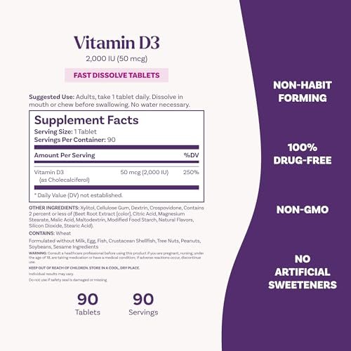 Natrol Vitamin D3 2.000 IE Schmelztabletten – Nahrungsergänzungsmittel für Knochen- und Gelenkgesundheit, 90 Tabletten, 90-Tage-Vorrat