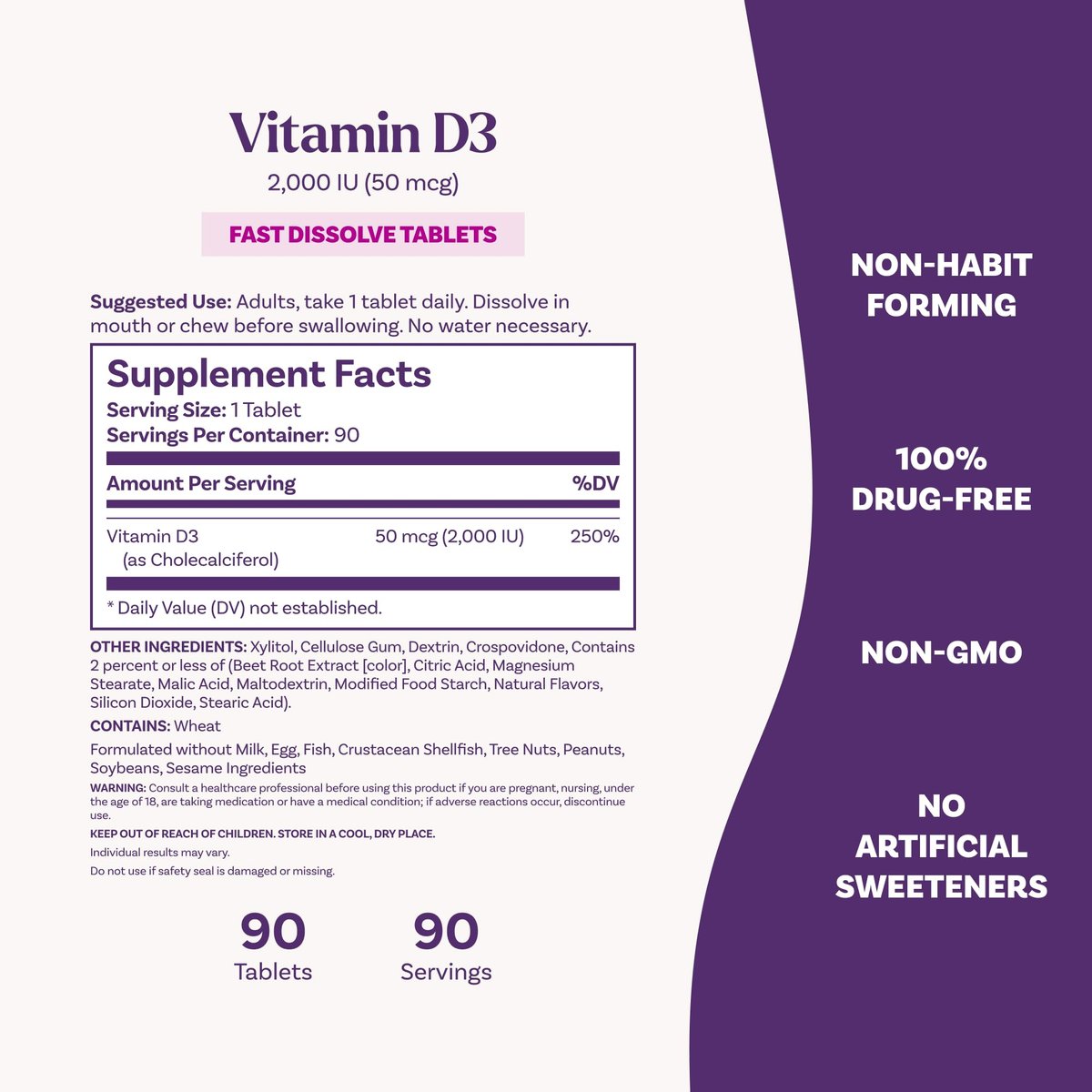 Natrol Vitamin D3 2.000 IE Schmelztabletten – Nahrungsergänzungsmittel für Knochen- und Gelenkgesundheit, 90 Tabletten, 90-Tage-Vorrat