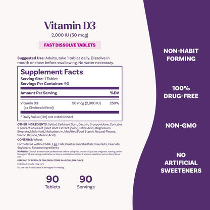 Natrol Vitamin D3 2.000 IE Schmelztabletten – Nahrungsergänzungsmittel für Knochen- und Gelenkgesundheit, 90 Tabletten, 90-Tage-Vorrat