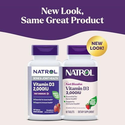 Natrol Vitamin D3 2.000 IE Schmelztabletten – Nahrungsergänzungsmittel für Knochen- und Gelenkgesundheit, 90 Tabletten, 90-Tage-Vorrat