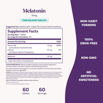 Natrol Melatonin 10mg Zeitfreisetzung Tabletten – Nahrungsergänzungsmittel für erholsamen Schlaf, 60 Tabletten, 60 Portionen