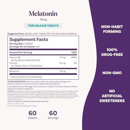 Natrol Melatonin 10mg Zeitfreisetzung Tabletten – Nahrungsergänzungsmittel für erholsamen Schlaf, 60 Tabletten, 60 Portionen