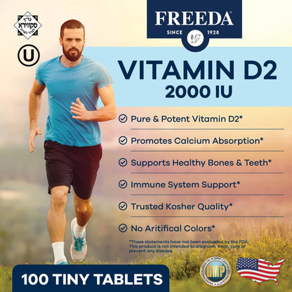 FREEDA Vitamin D2 2000 IE – Veganes Vitamin D für Knochenstärke & Immununterstützung – Veganer Ergocalciferol D2 Nahrungsergänzung – 100 kleine Tabletten