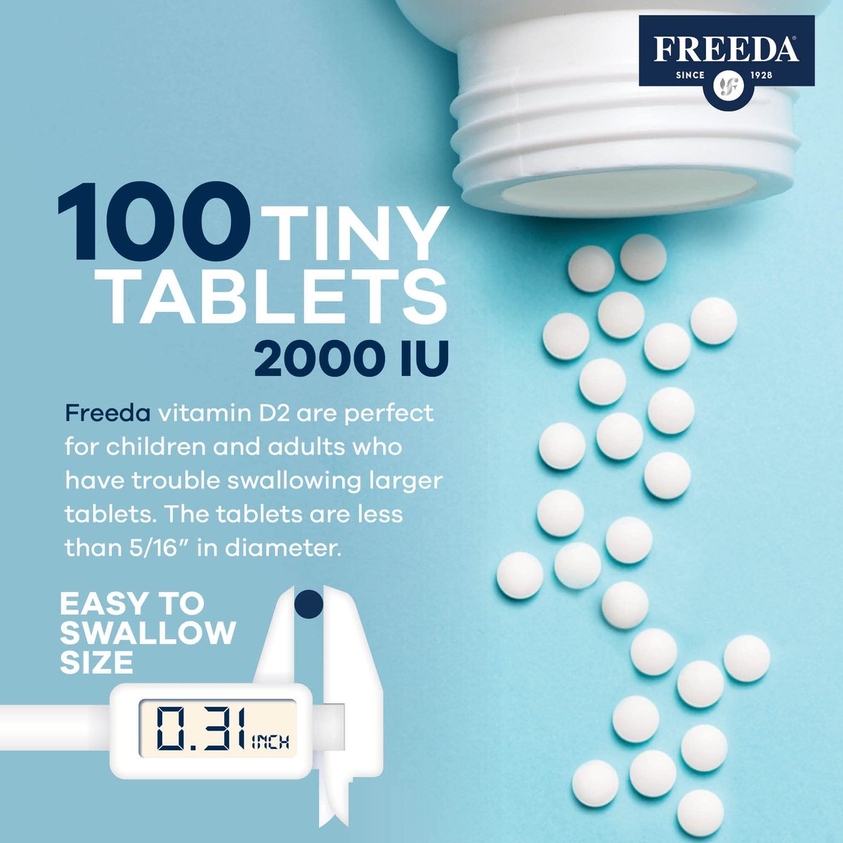 FREEDA Vitamin D2 2000 IE – Veganes Vitamin D für Knochenstärke & Immununterstützung – Veganer Ergocalciferol D2 Nahrungsergänzung – 100 kleine Tabletten