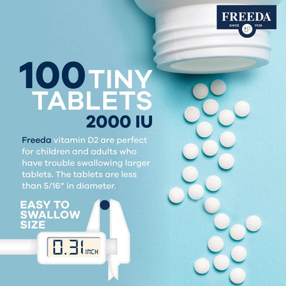 FREEDA Vitamin D2 2000 IE – Veganes Vitamin D für Knochenstärke & Immununterstützung – Veganer Ergocalciferol D2 Nahrungsergänzung – 100 kleine Tabletten