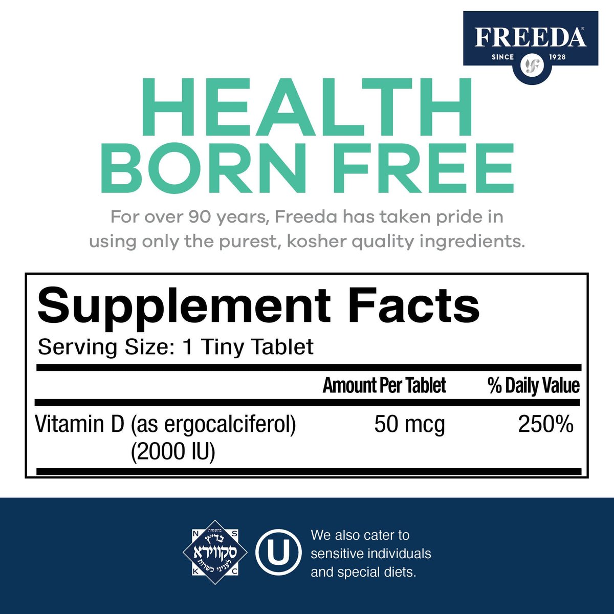FREEDA Vitamin D2 2000 IE – Veganes Vitamin D für Knochenstärke & Immununterstützung – Veganer Ergocalciferol D2 Nahrungsergänzung – 100 kleine Tabletten