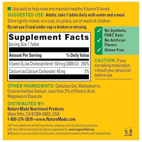 Nature Made Vitamin D3 2000 IE (50 μg) – 100 Tabletten, 100-Tage-Vorrat für Knochen-, Zahn-, Muskel- und Immununterstützung