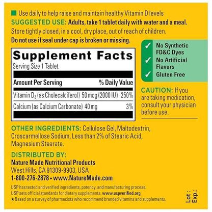 Nature Made Vitamin D3 2000 IE (50 μg) – 100 Tabletten, 100-Tage-Vorrat für Knochen-, Zahn-, Muskel- und Immununterstützung