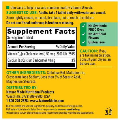Nature Made Vitamin D3 2000 IE (50 μg) – 100 Tabletten, 100-Tage-Vorrat für Knochen-, Zahn-, Muskel- und Immununterstützung