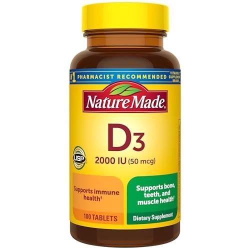 Nature Made Vitamin D3 2000 IE (50 μg) – 100 Tabletten, 100-Tage-Vorrat für Knochen-, Zahn-, Muskel- und Immununterstützung