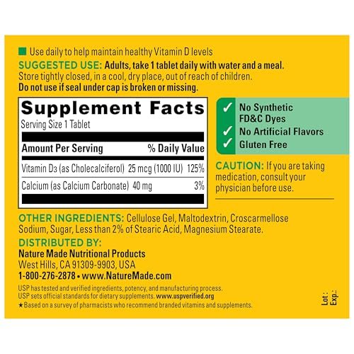 Nature Made Vitamin D3 1000 IE (25 mcg) – 300 Tabletten, Vitamin-D-Präparat für Knochen-, Zahn-, Muskel- und Immunsystemunterstützung