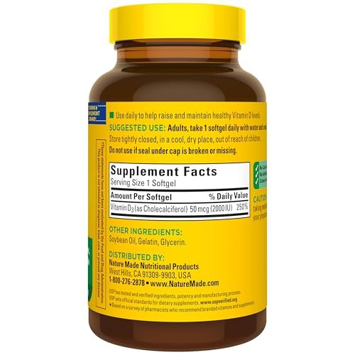 Nature Made Vitamin D3 2000 IE (50 µg) – 250 Weichkapseln für Knochen-, Zahn-, Muskel- und Immunsystemunterstützung