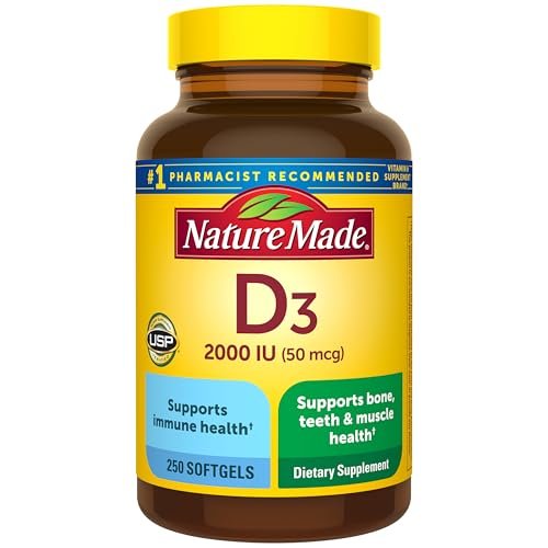 Nature Made Vitamin D3 2000 IE (50 µg) – 250 Weichkapseln für Knochen-, Zahn-, Muskel- und Immunsystemunterstützung