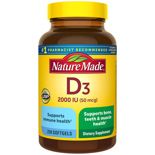 Nature Made Vitamin D3 2000 IE (50 µg) – 250 Weichkapseln für Knochen-, Zahn-, Muskel- und Immunsystemunterstützung