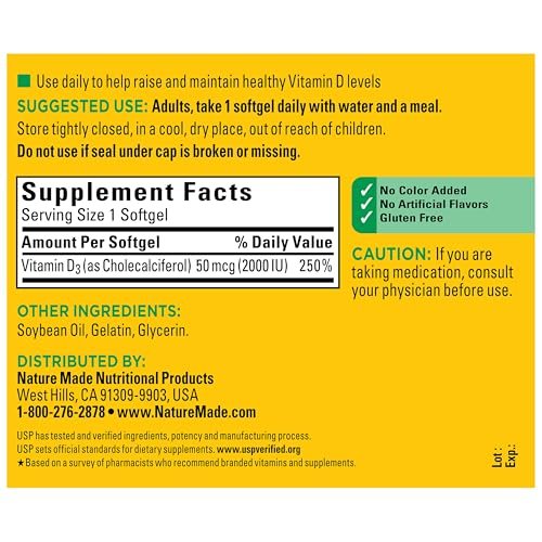 Nature Made Vitamin D3 2000 IE (50 µg) – 250 Weichkapseln für Knochen-, Zahn-, Muskel- und Immunsystemunterstützung