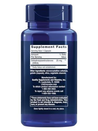 Life Extension DHEA 25 mg – Hormonbalance, Immunsystem, Sexualgesundheit, Knochen- & Herz-Kreislauf-Gesundheit, Anti-Aging & Stimmungsunterstützung – Glutenfrei, Nicht-GVO – 100 Kapseln