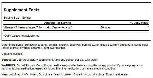 Swanson Natürliches Vitamin K2 (Menaquinon-7 aus Natto) 50 mcg, 30 Weichkapseln