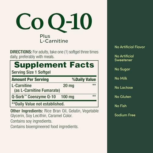 Nature's Bounty CoQ10 mit L-Carnitin, 100 mg, 120 Kapseln, Doppelpack – Nahrungsergänzungsmittel zur Unterstützung der Herzgesundheit