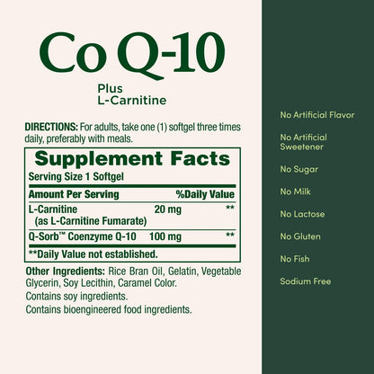 Nature's Bounty CoQ10 100 mg plus L-Carnitin – 60 Weichkapseln für die Herzgesundheit