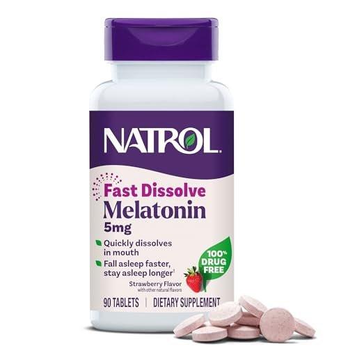 Natrol Melatonin 5 mg Lutschtabletten Erdbeergeschmack – 90 Stück, schnell lösend, für erholsamen Schlaf