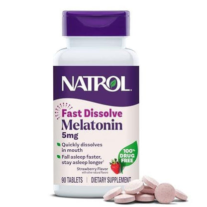 Natrol Melatonin 5 mg Lutschtabletten Erdbeergeschmack – 90 Stück, schnell lösend, für erholsamen Schlaf
