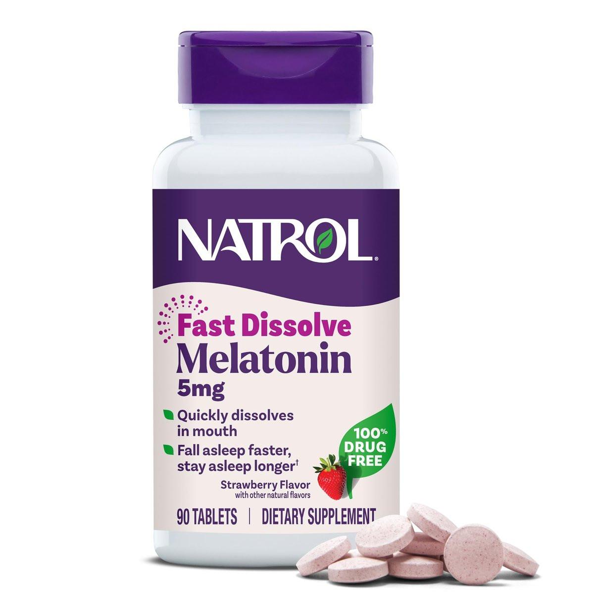 Natrol Melatonin 5 mg Lutschtabletten Erdbeergeschmack – 90 Stück, schnell lösend, für erholsamen Schlaf