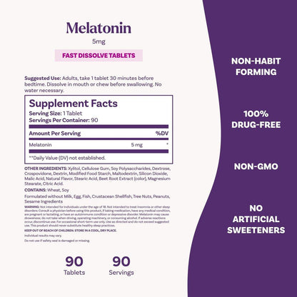 Natrol Melatonin 5 mg Lutschtabletten Erdbeergeschmack – 90 Stück, schnell lösend, für erholsamen Schlaf