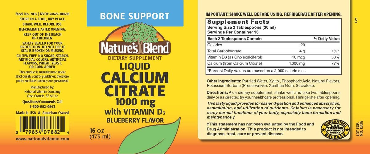 Flüssiges Calciumcitrat 1000 mg mit Vitamin D3 – 16 fl oz Blaubeergeschmack – Nahrungsergänzungsmittel von Nature's Blend