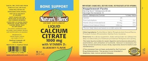 Flüssiges Calciumcitrat 1000 mg mit Vitamin D3 – 16 fl oz Blaubeergeschmack – Nahrungsergänzungsmittel von Nature's Blend