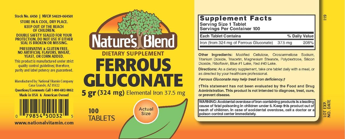 Nature's Blend Ferrous Gluconat-Tabletten, 100 Stück – Hochwertiges Eisenpräparat zur Unterstützung der Blutbildung