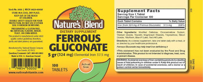 Nature's Blend Ferrous Gluconat-Tabletten, 100 Stück – Hochwertiges Eisenpräparat zur Unterstützung der Blutbildung
